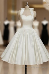 Bridal Shower Little White Dresses Wedding Dresses Tea Length A-Line Sleeveless Halter Satin With Bow(S) Pleats